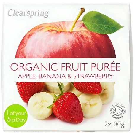 COMPOTA DE MANZANA PLÁTANO Y FRESA BIO 200G CLEARSPRING