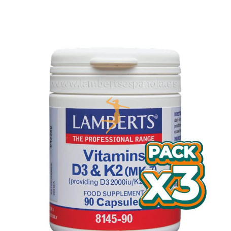 Pack 3x VITAMINAS D3 2000UI Y K2 90MCG 90 CÁPSULAS LAMBERTS