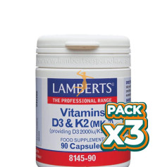 Pack 3x VITAMINAS D3 2000UI Y K2 90MCG 90 CÁPSULAS LAMBERTS