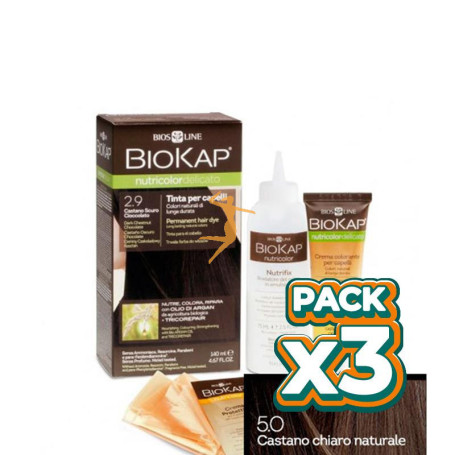 Pack 3x TINTE NUTRICOLOR DELICATO 5.0 CASTAÑO CLARO NATURAL 140Ml. BIOKAP