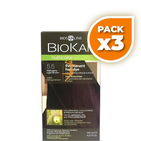 Pack 3x TINTE NUTRICOLOR DELICATO 5.5 CASTAÑO CLARO CAOBA 140Ml. BIOKAP