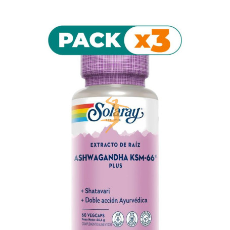 Pack 3x ASHWAGANDHA KSM-66 PLUS 60 CÁPSULAS VEGETALES SOLARAY