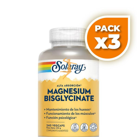Pack 3x MAGNESIO BISGLYCINATE 240 CÁPSULAS VEGETALES SOLARAY
