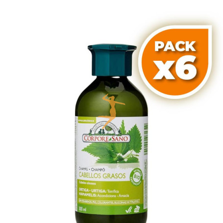 Pack 6x CHAMPÚ CABELLOS GRASOS ORTIGA Y HAMAMELIS 300ML CORPORE SANO