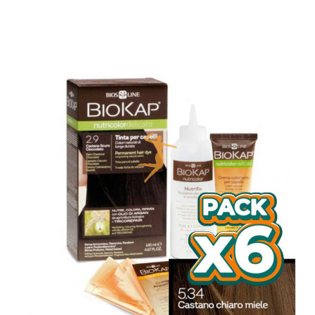 Pack 6x TINTE NUTRICOLOR DELICATO 5.34 CASTAÑO CLARO MIEL 140Ml. BIOKAP