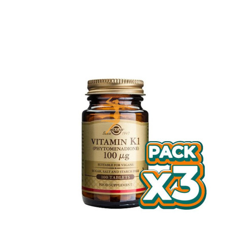 Pack 3x VITAMINA K1 (FITONADIONA) 100MCG. 100 CÁPSULAS SOLGAR
