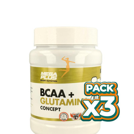 Pack 3x BCAA + GLUTAMINA MANDARINA EXTREME PURITY 300Gr. MEGAPLUS