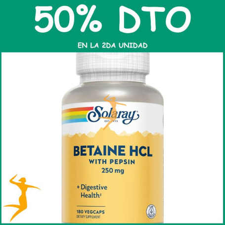 BETAIN HCL CON PEPSINA 250MG 180 CÁPSULAS VEGETALES SOLARAY OFERTA 2 UD