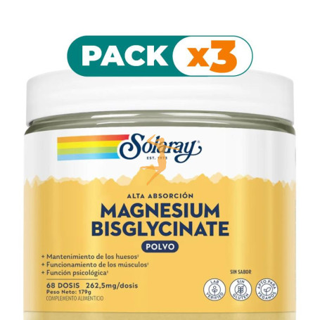 Pack 3x BISGLICINATO DE MAGNESIO EN POLVO 179G SOLARAY