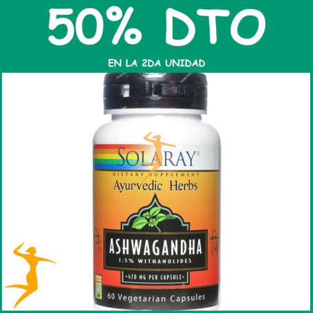 ASHWAGANDHA 470Mg. 60 CÁPSULAS VEGETALES SOLARAY Segunda unidad al 50%